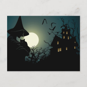 Carte Postale Halloween : sorcière et maison hantée