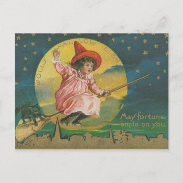 Carte Postale Halloween sorcière vintage (Devant)