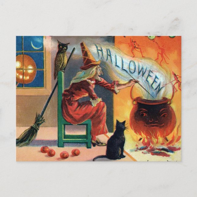 Carte postale Halloween sorcière vintage (Devant)