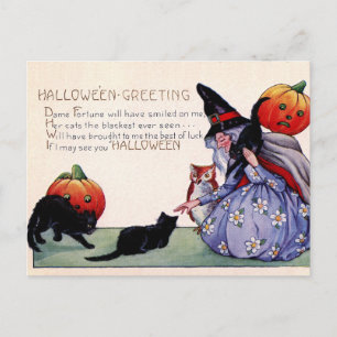Carte postale Halloween sorcière vintage chat noir