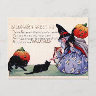 Carte postale Halloween sorcière vintage chat noir