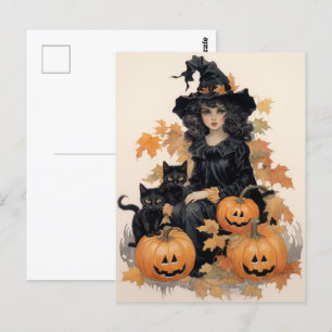 Carte Postale Halloween sorcière vintage et chats noirs