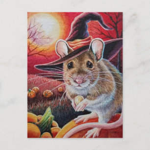 Carte Postale Halloween Souris de sorcière Citrouille Aquarelle