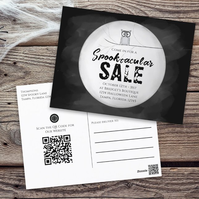 Carte Postale Halloween Spooktacular Sale Owl QR Code Site Web (Créateur téléchargé)