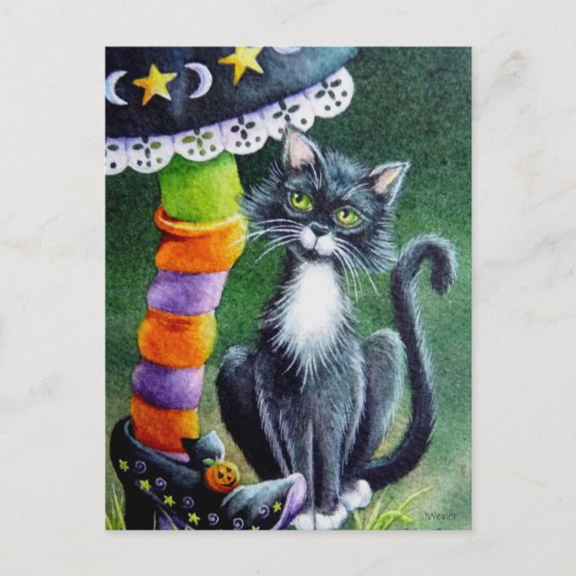 Carte Postale Halloween Tuxedo Chat & Witch Aquarelle Art (Devant)