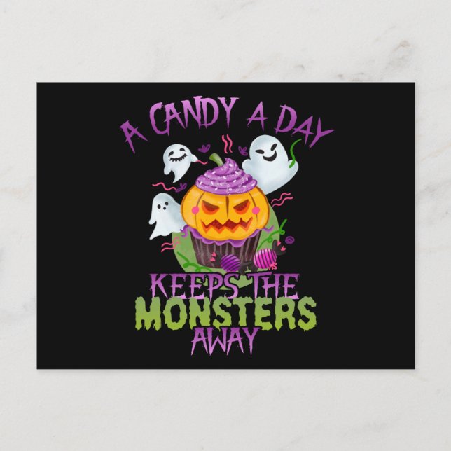 Carte Postale Halloween Un Bonbon Par Jour Empêche Les Monstres (Devant)