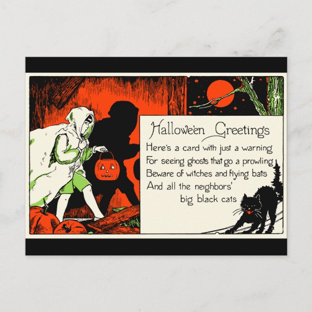 Carte Postale Halloween vintage Salutation Cat noir Fantôme enfa (Devant)
