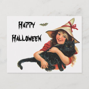 Carte Postale Halloween vintage, Sorcière fille avec chat noir