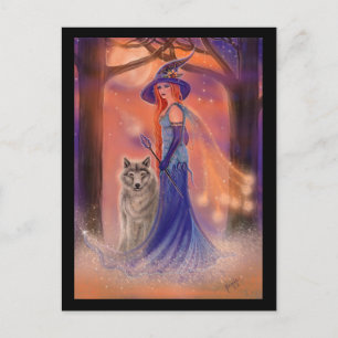 Carte Postale Halloween witch and wolf card by Renee Lavoie