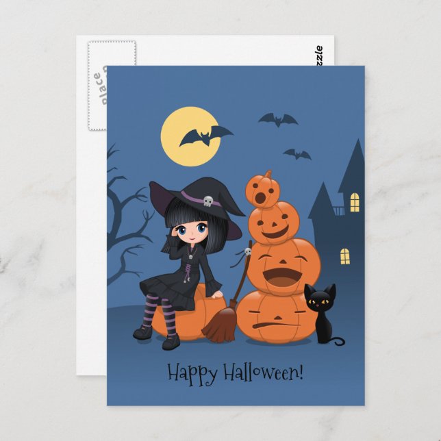 Carte Postale Halloween Witch, Chat noir et Citrouille (Devant / Derrière)