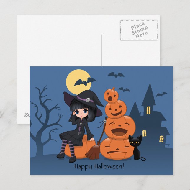 Carte Postale Halloween Witch, Chat noir et Citrouille (Devant / Derrière)