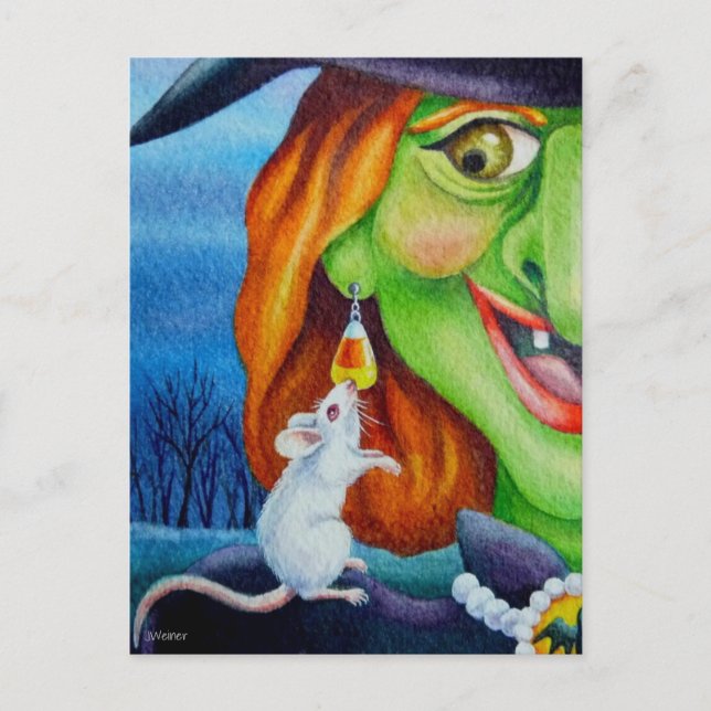Carte Postale Halloween Witch et White Mouse aquarelle Art (Devant)