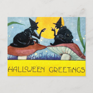 Carte Postale Halloween Witches on Toadstool with Full Moon