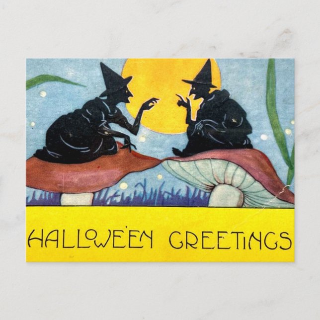 Carte Postale Halloween Witches on Toadstool with Full Moon (Devant)