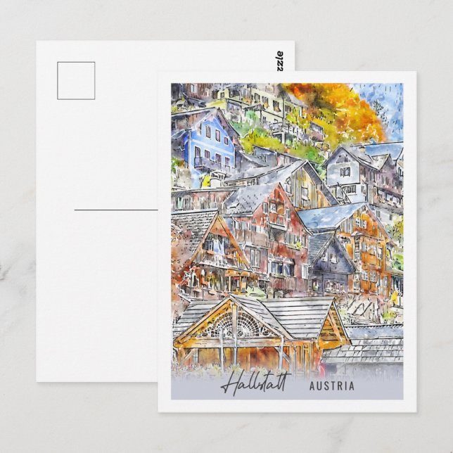 Carte Postale Hallstatt Autriche Travel Place Aquarelle (Devant / Derrière)