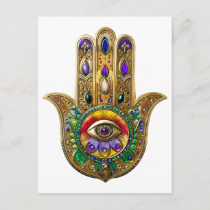 Carte Postale Hamsa Améthyste Rubis Troisième Œil Peint en Or