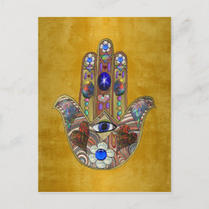 Carte Postale Hamsa Cœurs Fleurs Opale Art sur Or