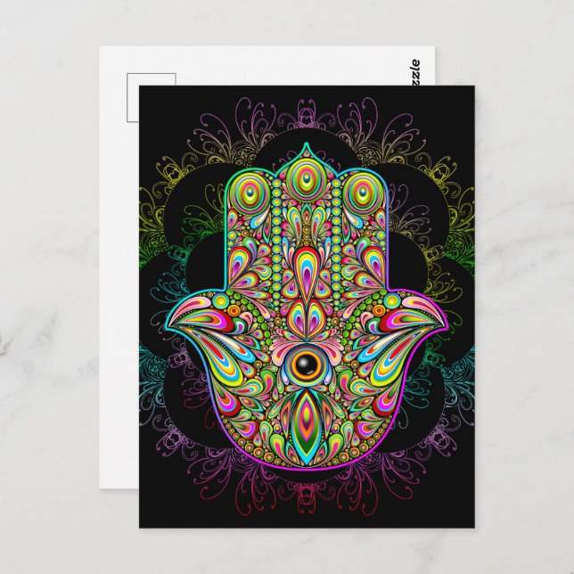 Carte Postale Hamsa Fatma Main Psychedelic Art (Devant / Derrière)