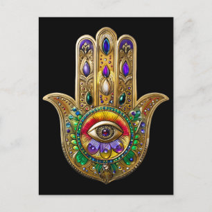Carte Postale Hamsa or Améthyste Rubis Troisième Oeil Peint en O