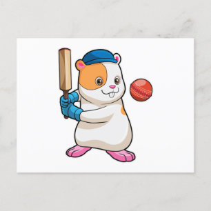 Carte Postale Hamster au cricket avec batte de cricket & Casquet