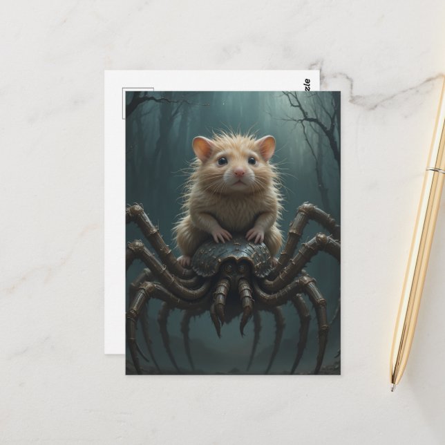 Carte Postale Hamster Riding a Spider (Devant/Arrière en situation)