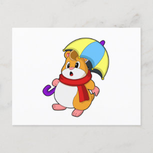 Carte Postale Hamster sous la pluie avec un parapluie