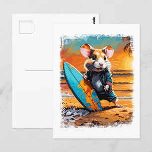 Carte Postale Hamster Surfing jolie bande dessinée colorée