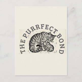 Carte Postale Hand-Carved Linocut Cat Mom & Kitten - Motherhood 