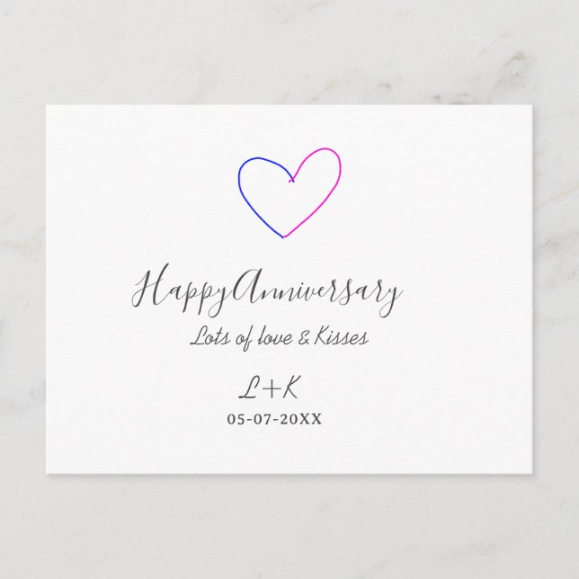 Carte Postale Happy anniversary pink blue heart name date simple (Devant)