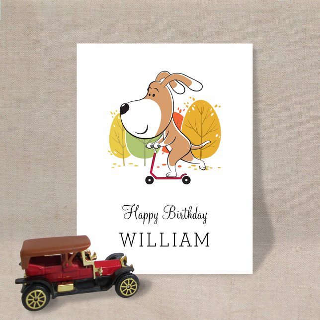 Carte Postale Happy Birthday Cute Funny Dog Puppy Kick Scooter (Créateur téléchargé)