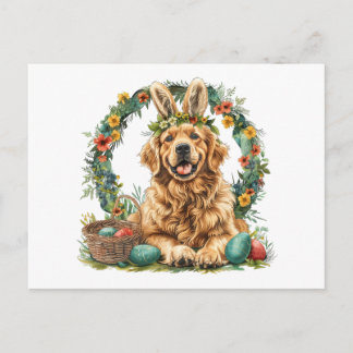 Carte Postale Happy Easter Golden Retriever Dog Bunny Ears