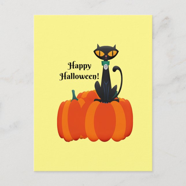 Carte Postale Happy Halloween, chat noir/citrouille, (Devant)