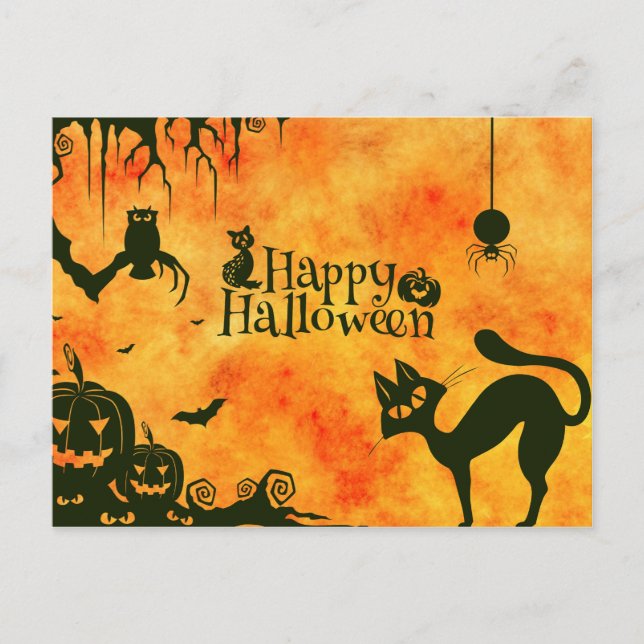 Carte Postale Happy Halloween chat noir, hibou, citrouille (Devant)