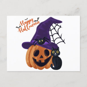 Carte Postale Happy Halloween Citrouille sculpté avec chat noir 