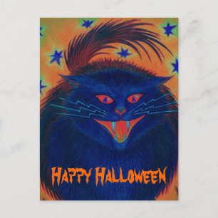 Carte postale "Happy Halloween" en bleu de chat ef