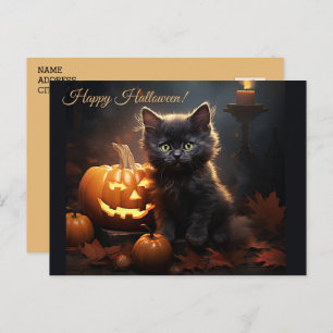 Carte Postale Happy Halloween Kitty & Citrouille