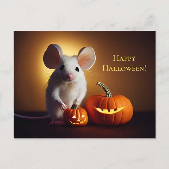 Carte Postale  Happy Halloween. Kleine niedliche Maus mit Kürbis (Devant)