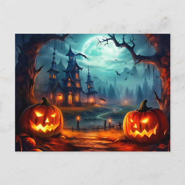 Carte Postale Happy Halloween Maison hantée et Citrouilles Éffra (Devant)