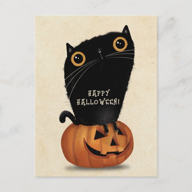 Carte Postale Happy Halloween mignon Chat noir Citrouille (Devant)