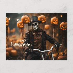 Carte Postale Happy Halloween mignonette squelette et citrouille