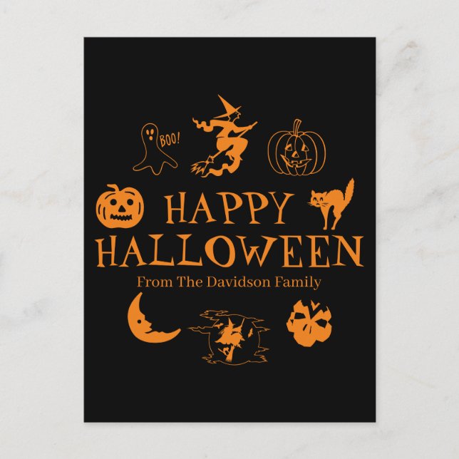 Carte Postale Happy Halloween nom personnalisé noir orange éffra (Devant)