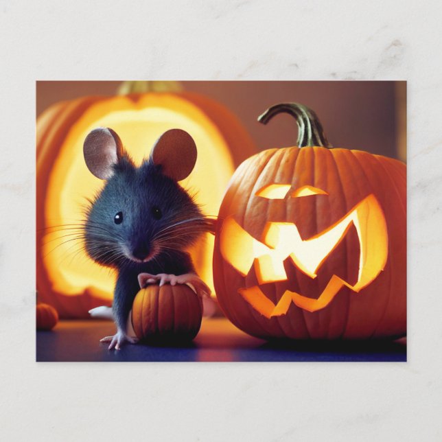 Carte Postale Happy Halloween. Petite souris mignonne avec citro (Devant)
