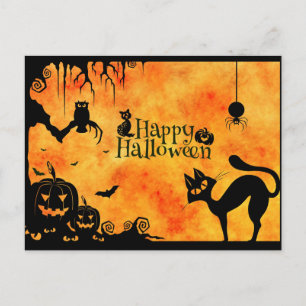 Carte Postale Happy Halloween Silhouette Chat noir et amis