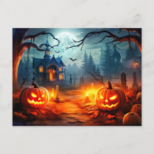 Carte Postale Happy Halloween Sinister Haunted House & Citrouill