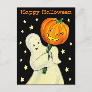 Carte Postale Happy Halloween Vintage Fantôme et Citrouille Cart