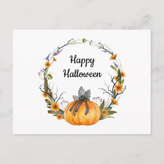 Carte Postale Happy Halloween Watercolor Citrouille Wreath (Devant)
