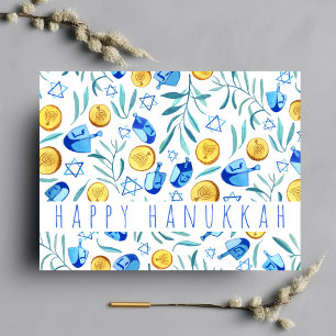 Carte Postale Happy Hanoukka Driedel Gelt Aquarelle PERSONNALISÉ