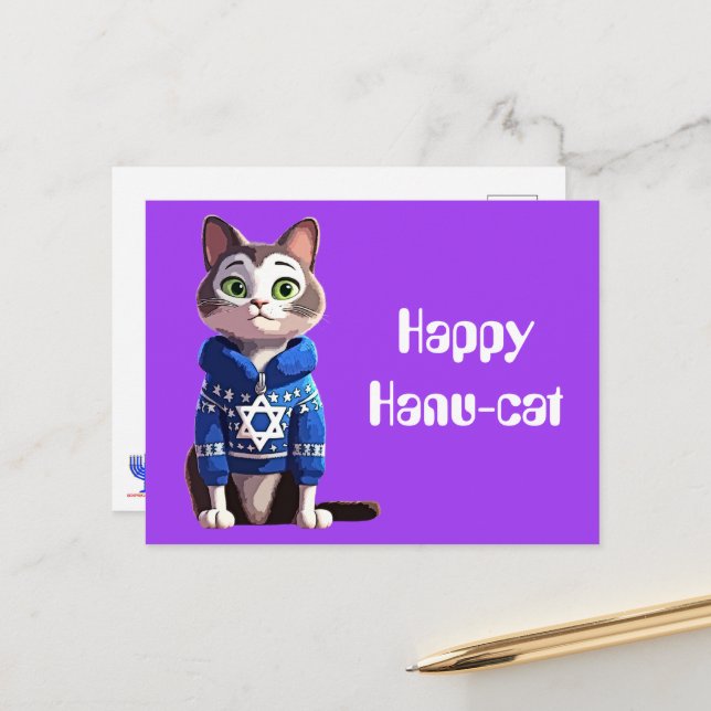 Carte Postale Happy Hanu-Cat | Chat dans Hanoukka Sweater (Devant/Arrière en situation)