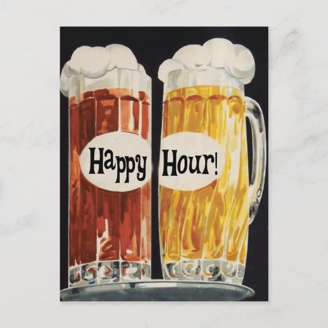 Carte Postale Happy Hour vintage tasses à bière (Devant)