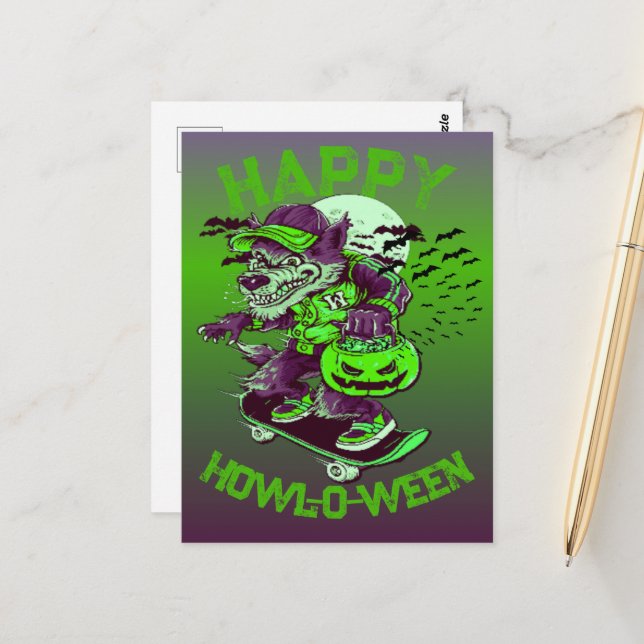 Carte Postale Happy Howl-o-ween Wolf équitation sur skateboard (Devant/Arrière en situation)
